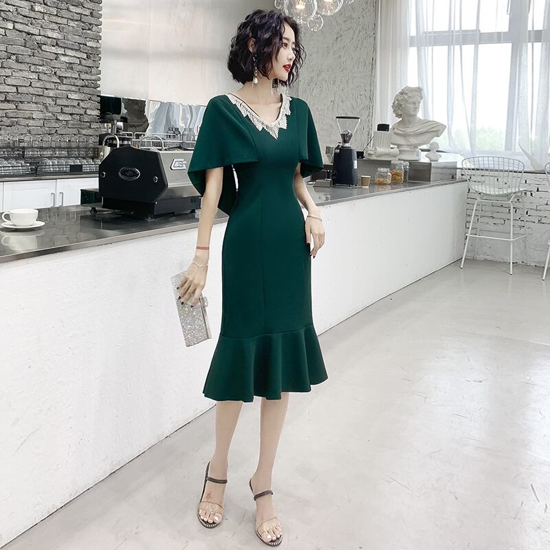 パーティードレス ロングドレス 成人式 演奏会 発表会 結婚式 二次会 プレゼント Xs S M L Ll 3l 4l 気質良い レトロ 着痩せ スリム ラウンドネック フィッシュテール ラインストーン グリーン 緑 Elegant