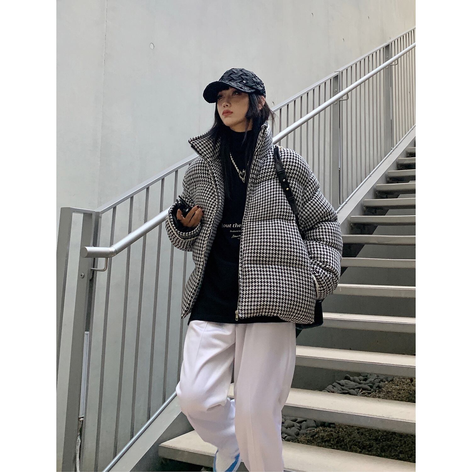 レトロ エレガント 千鳥格子 ツイード風 ダウンジャケット オーバー  