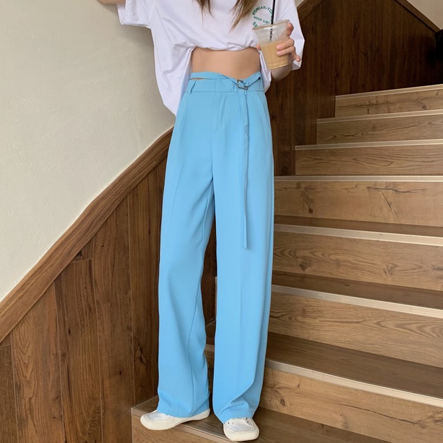 サマールーズハイウェストウェストソリッド カラーカジュアルパンツ 夏物 ソリッドカラー クレセントシティ43722132797