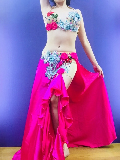 エジプト製 ベリーダンス衣装 ピンク薔薇