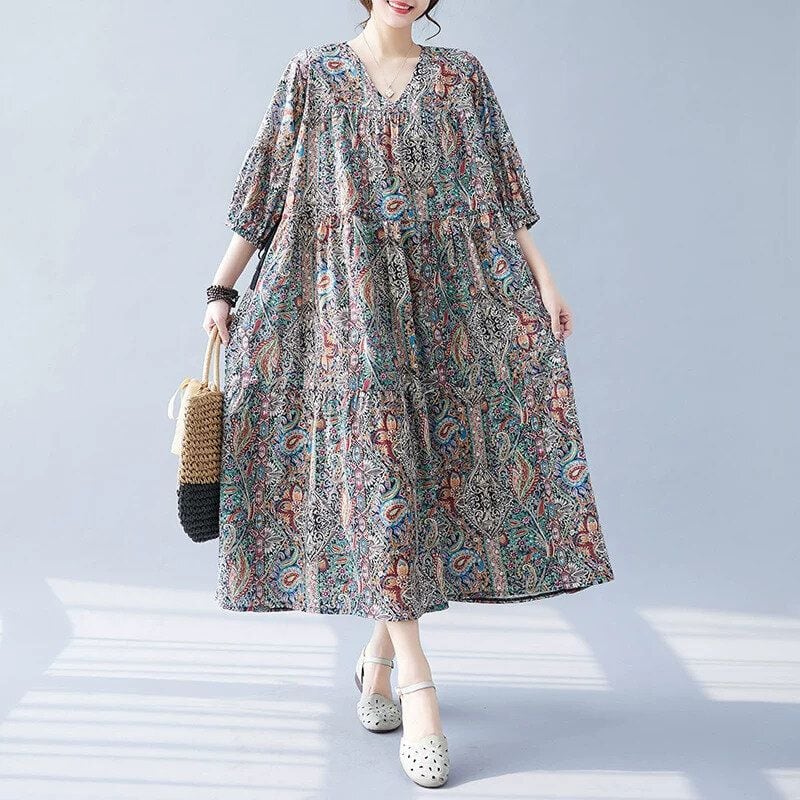 EUROPEAN PRINT V-NECK 3/4 SLEEVES A-LINE LONG PULLOVER DRESS 1color M-16309