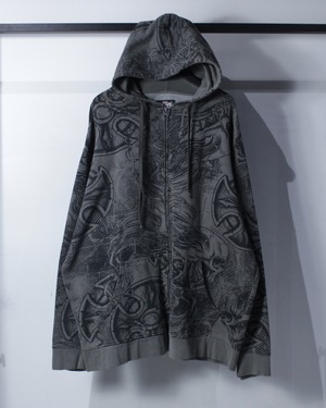 【Caka BLACK】"MMA ELITE" Gothic × Skull Total Pattern Vintage Loose Zip Hoodie