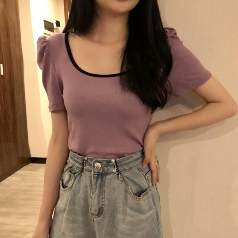 サマースタイルラウンドネックスリムカラーTシャツ トップス 夏物 Oネック ハンチェンe14545247558