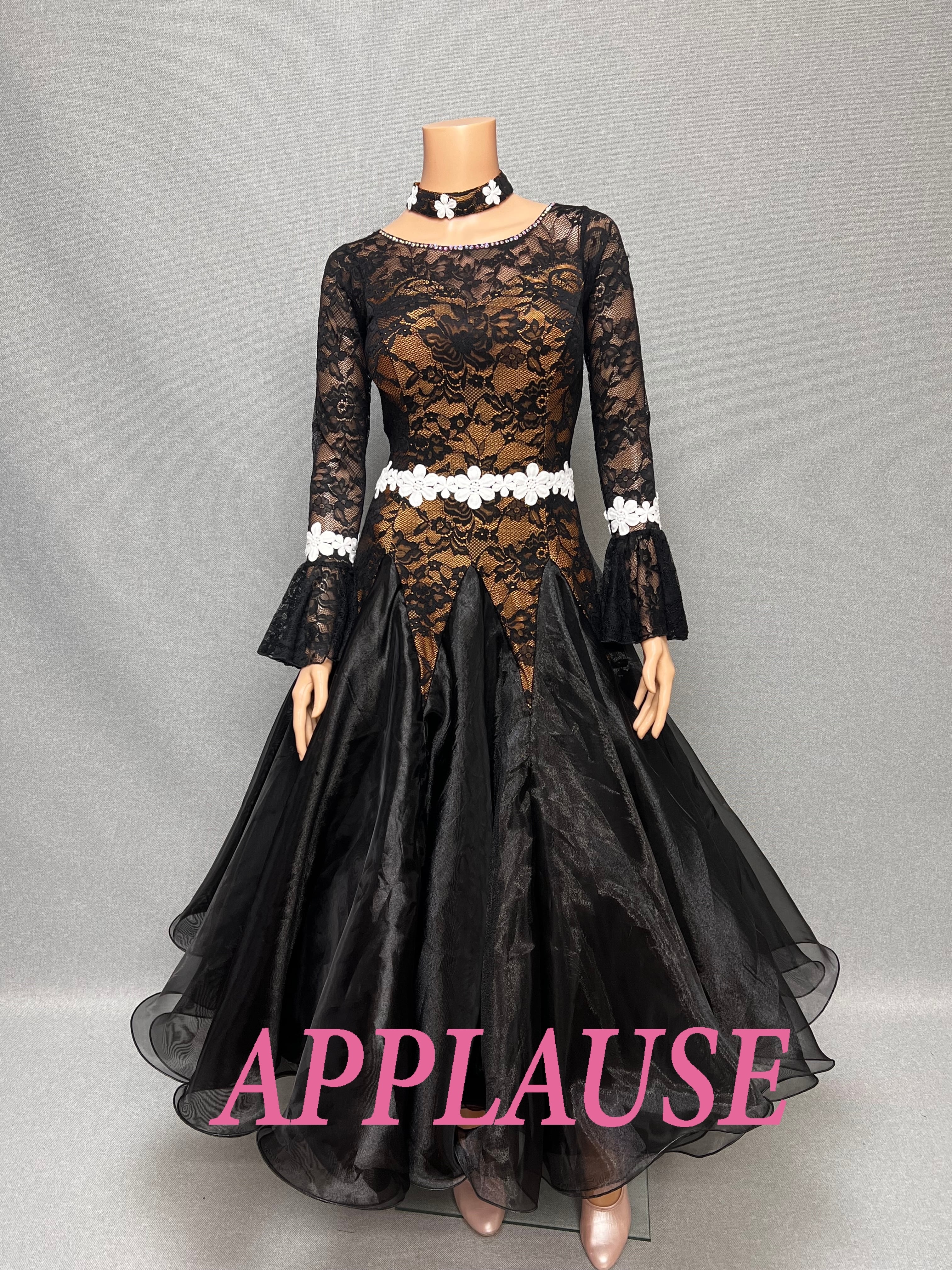 【新着】社交ダンス ドレス　スタンダード　モダンドレス　ブラック（レース）　M　ST-25-31　デモ・競技用ドレス　発表会衣装　パーティドレス　ワンピース　舞台衣装