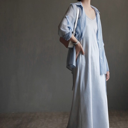 【2点セット】2色／サテンシャツ+キャミワンピース ・19250