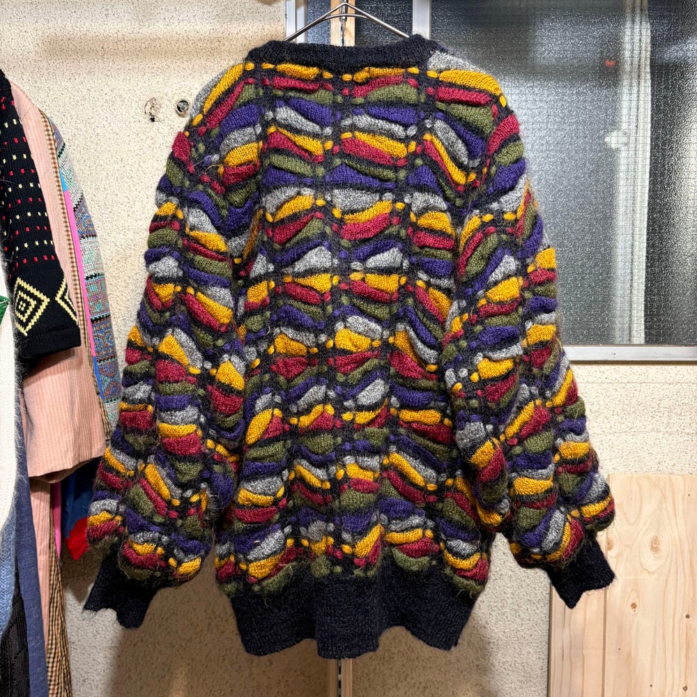 【1980s】ビンテージ　カラフルデザイン　ニットカーディガン　半袖　Tシャツ 古着 90s AMANO ボリビア製 人柄 総柄 カラフル ポップ ヘビー ウール