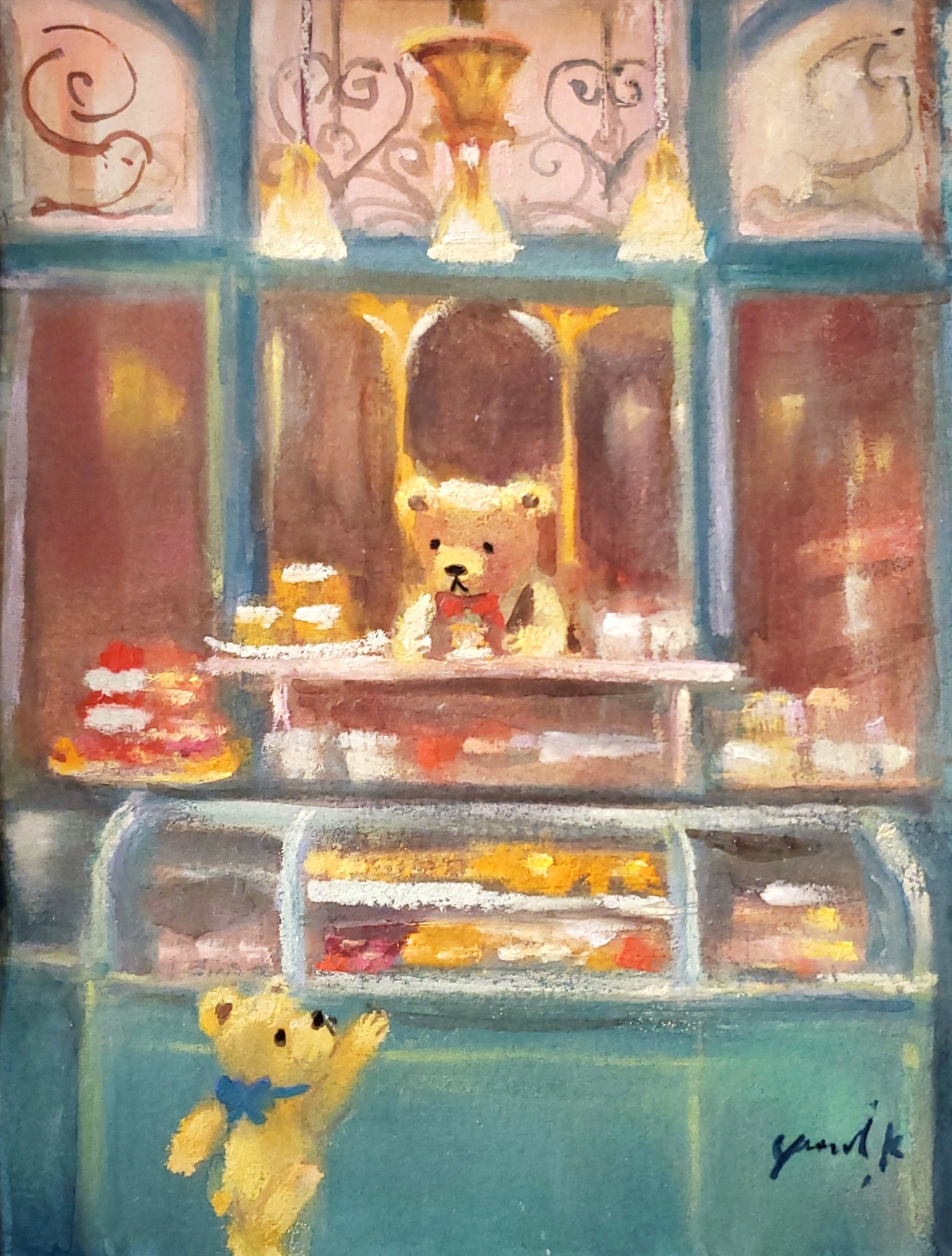絵画 ｢クマ達のパティスリー｣ 19×14cm 水彩/パステル 額付き 神之浦