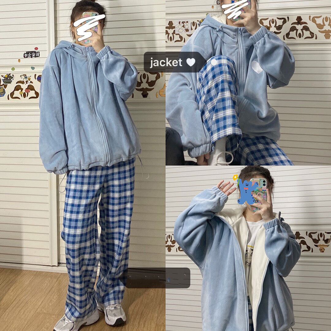 オータムウィンタースタイルホワイトブルーベルベットフードセーター ジャケット 薄手格子柄パンツ 大人ガーリー スウィート キュート カジュアル 秋物 冬物 萌量不足15051982082