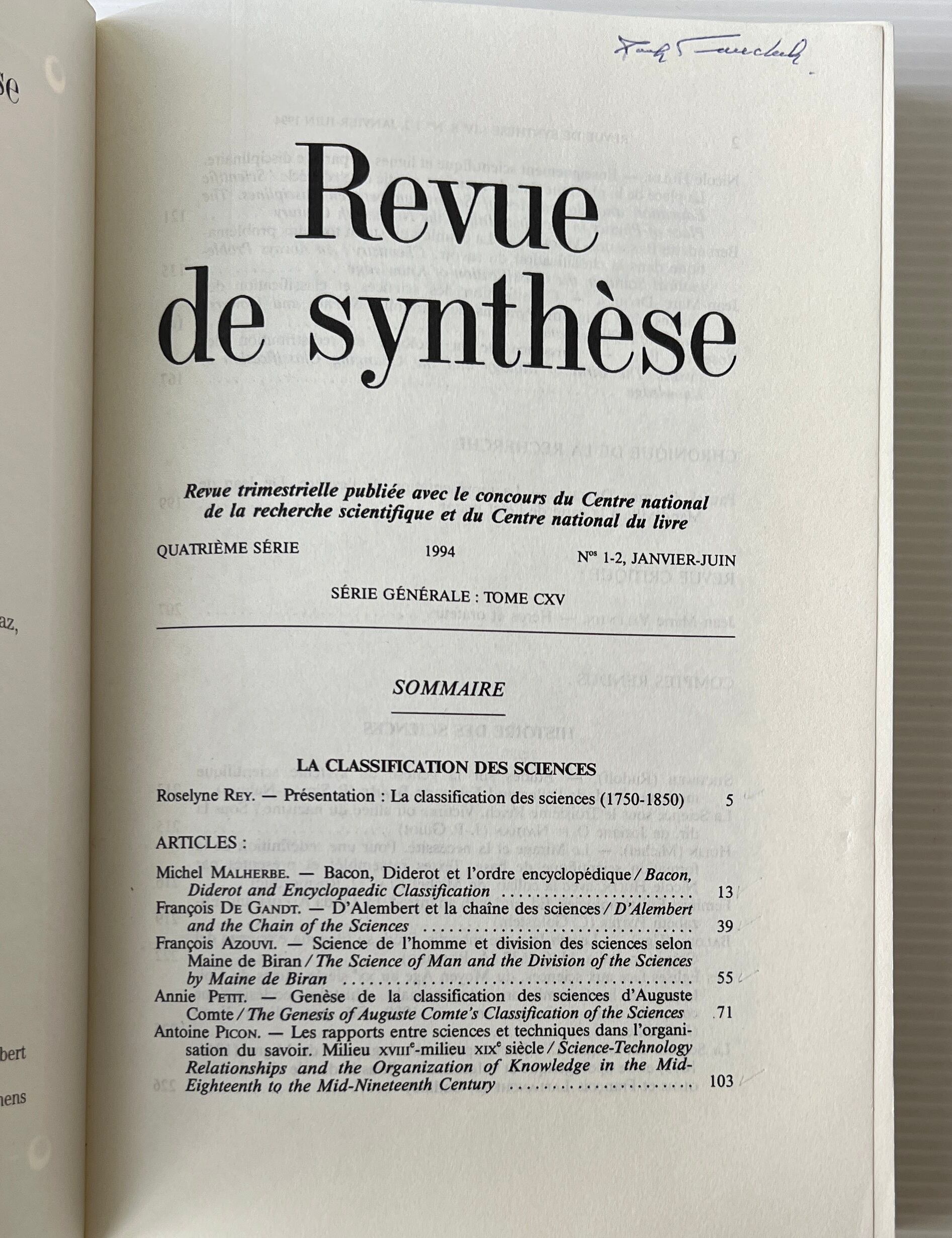Revue de Synthese: La Classification des Sciences (N° 1-2) / M. Malherbe et al. / Centre International de Synthese, Albin Michel
