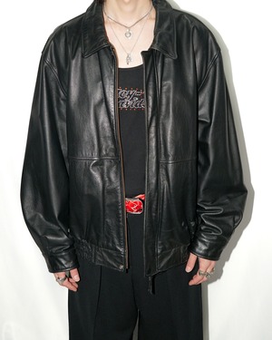 Vintage loose zip up leather jacket "BLACK"