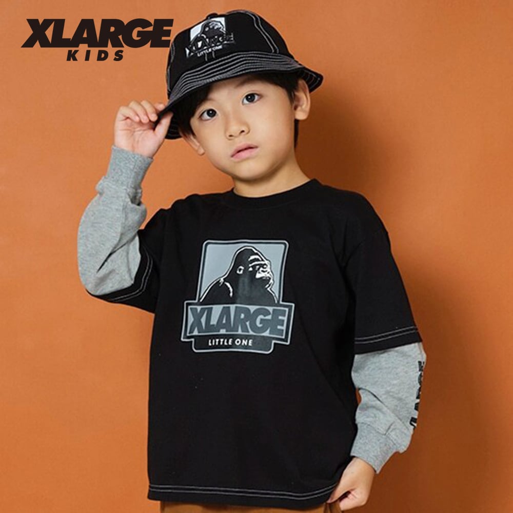 XLARGE KIDS (エクストララージ）xl9423208-袖レイヤード長袖Tシャツ（クロ、アカ）