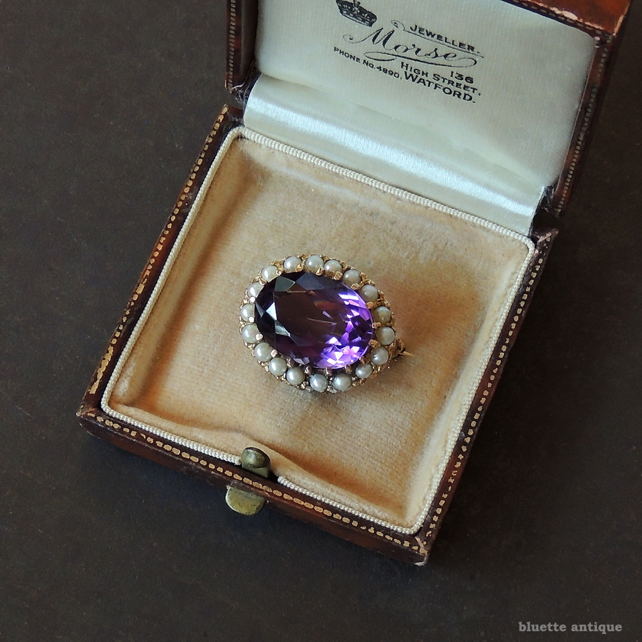 英国ヴィンテージジュエリー 9ctゴールド 天然アメシスト 真珠 レースピン ブローチ(ソーティングメモ付)