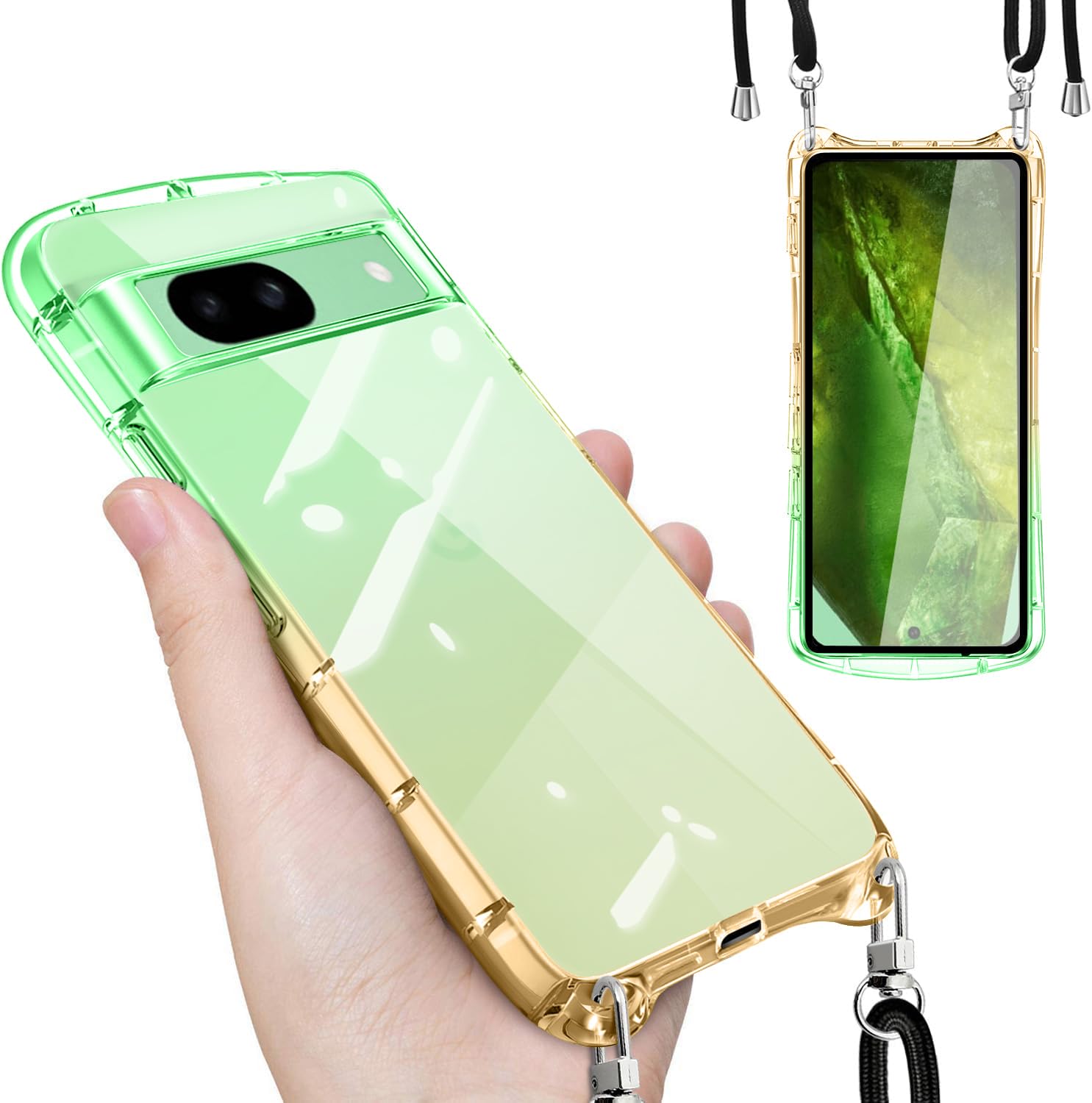 aiitiluo Google Pixel 8A 用 ケース ショルダー クリア グーグル ピクセル 8a カバー グラデーション色 オレンジグリーン