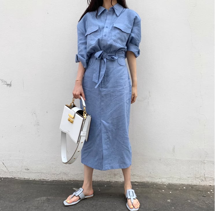 シングルブレスト ワンピース シャツワンピース ロング ロング丈 袖あり 長袖 襟付き 細身 ストレート Iライン リボン ウエストリボン ポケット 大人可愛い 上品 おしゃれ お洒落 大人女子 ガーリー 無地 秋 10代 20代 レディース 女性用 デート お出かけ 女子会 お泊まり 休日 イベント 普段使い 韓国 ファッション コーデ スタイル フリーサイズ 青 ブルー ピンク