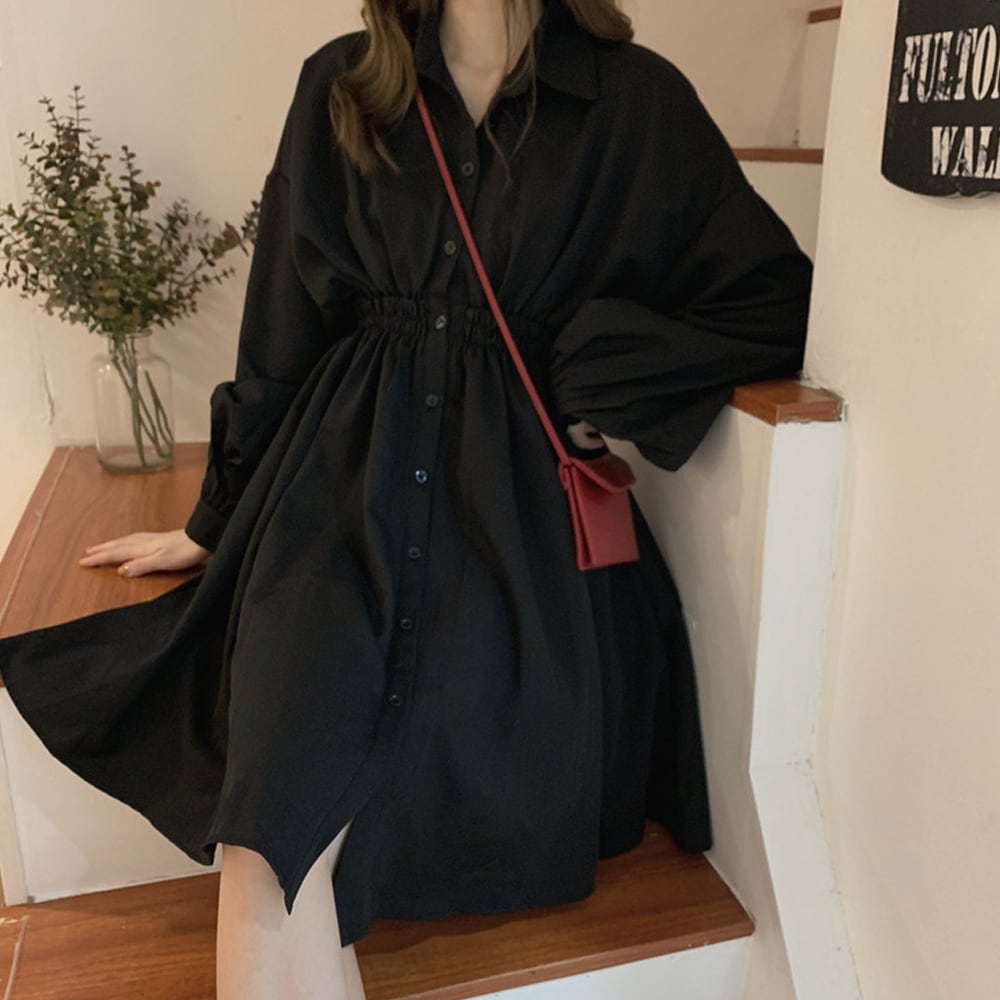 ワンピース 長袖 レディース 春夏秋 韓国 シャツワンピース きれいめ 大人 かわいい フェミニン シンプル ボリュームスリーブ おしゃれ 大人可愛い 大人女子