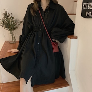 ワンピース 長袖 レディース 春夏秋 韓国 シャツワンピース きれいめ 大人 かわいい フェミニン シンプル ボリュームスリーブ おしゃれ 大人可愛い 大人女子