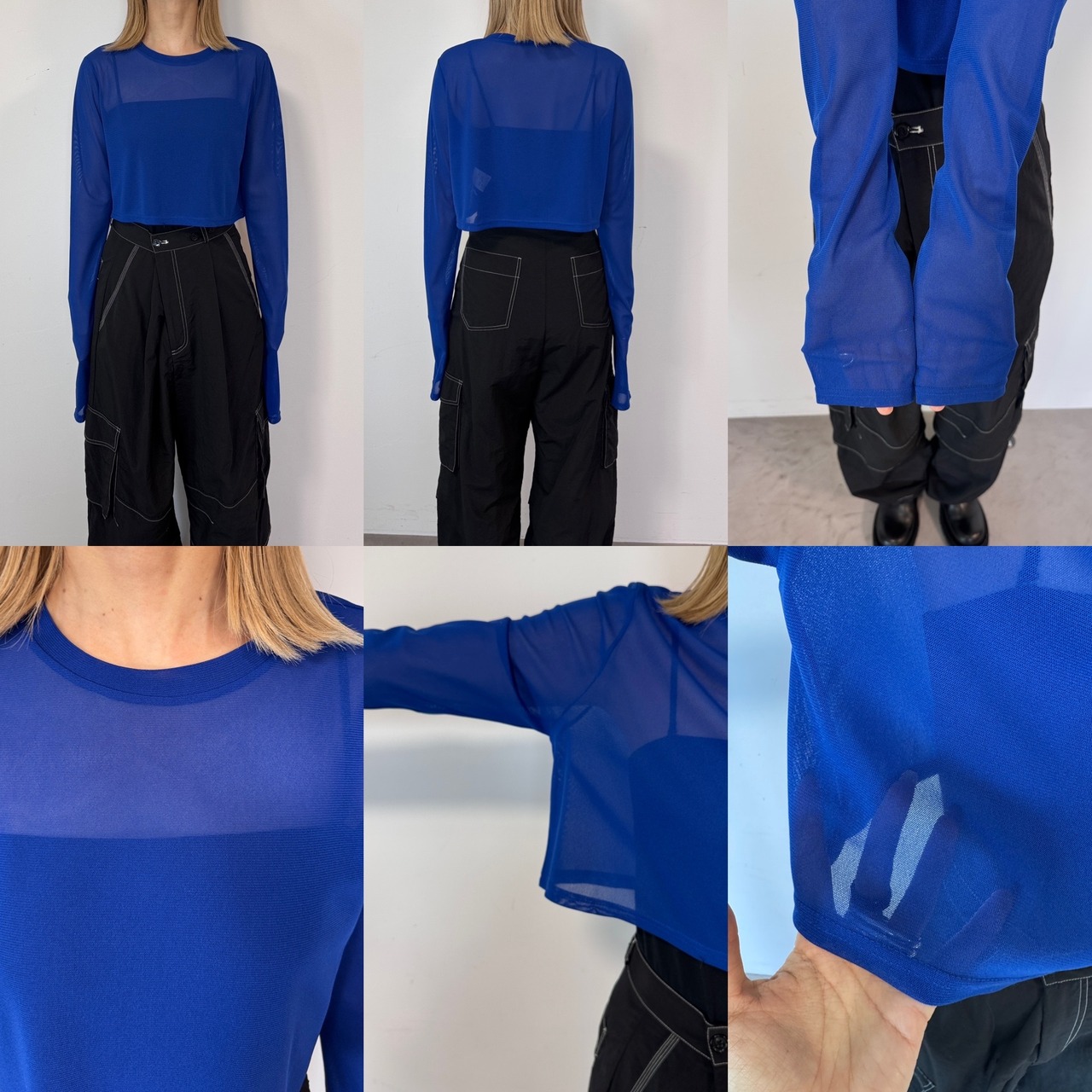 crew neck tulle sheer short tops/bule