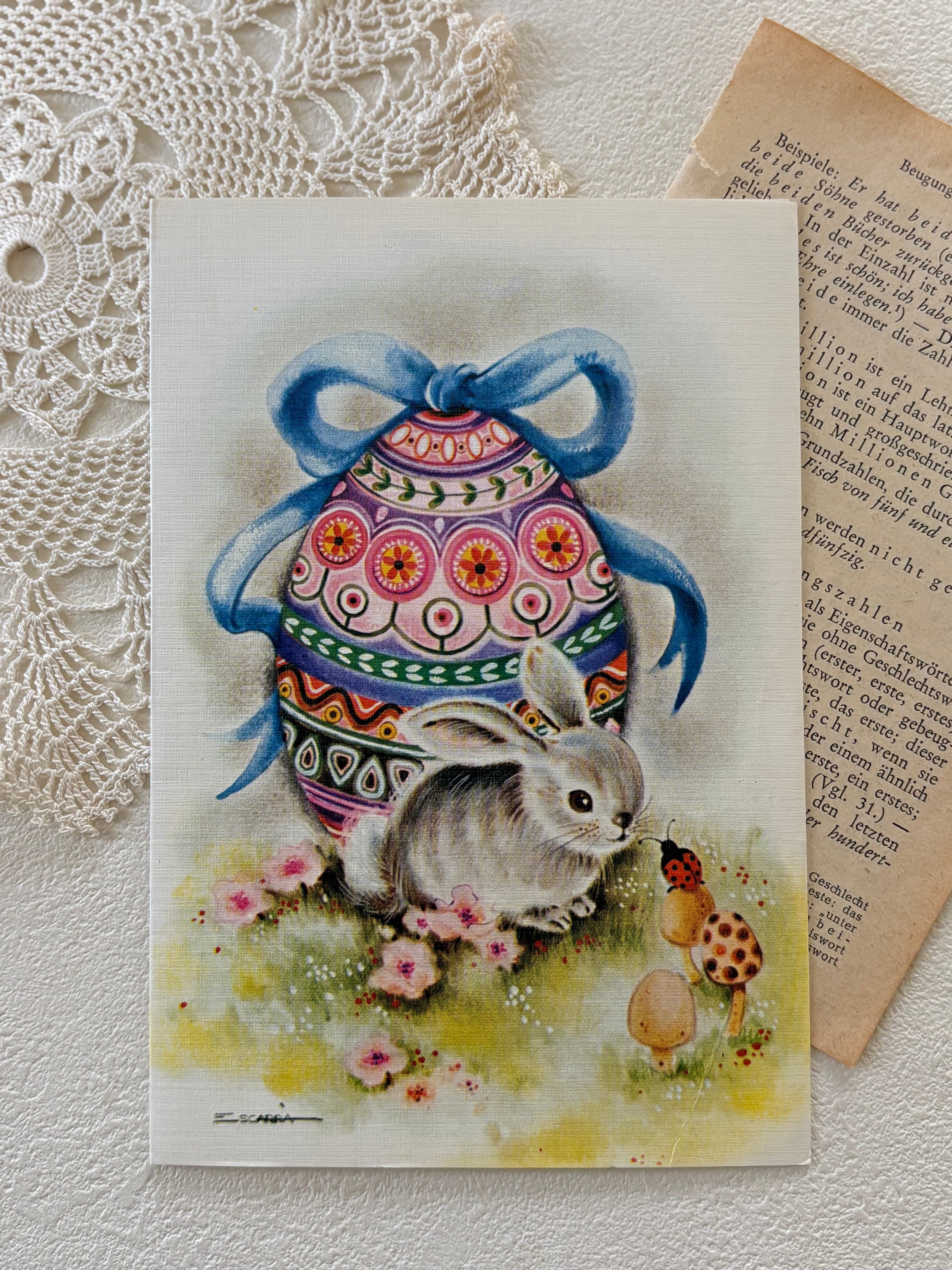 フランスヴィンテージカード イースター スペイン製 未使用 エッグ うさぎ てんとう虫 シャンピニオン インテリア 見開きタイプ スペイン製