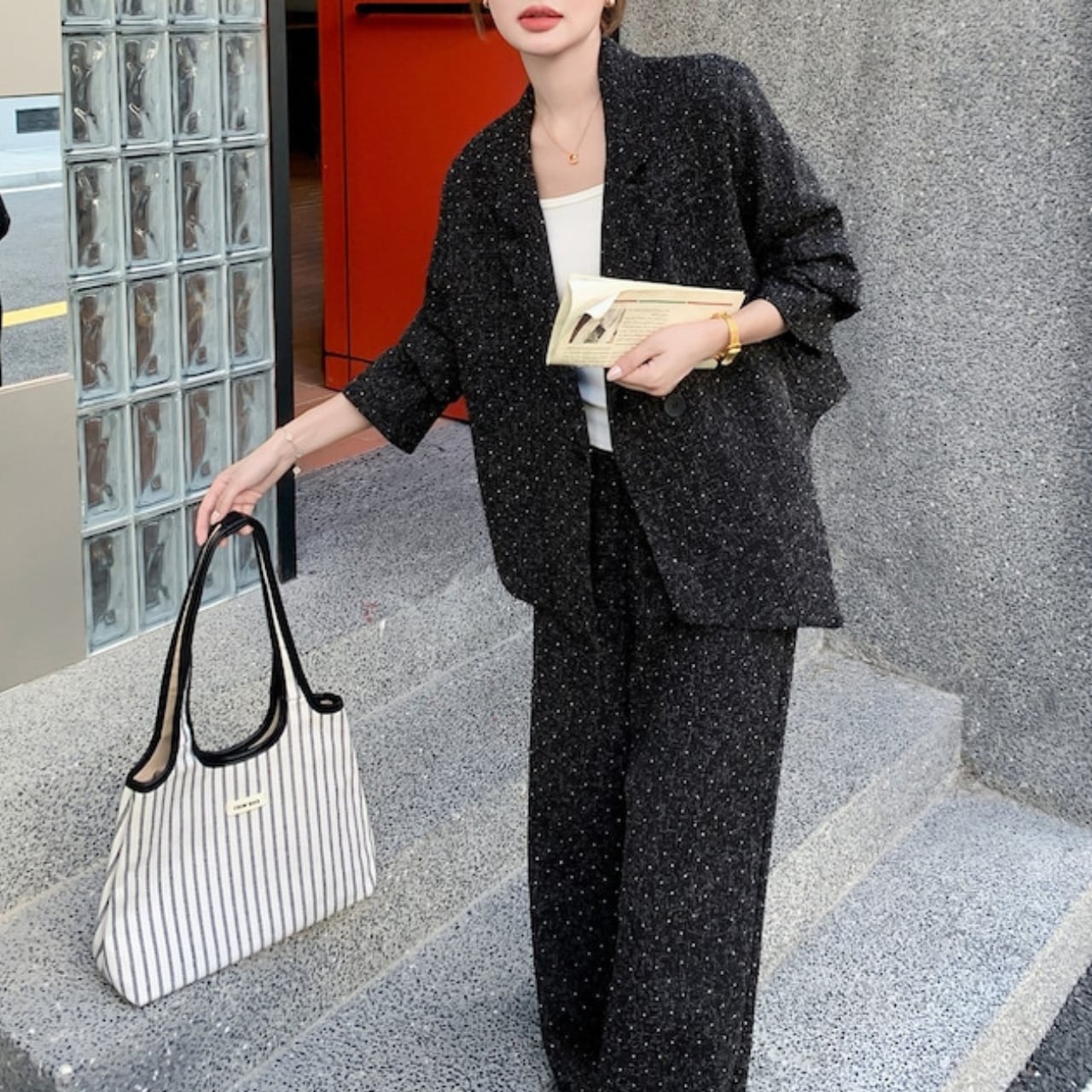 Polka dot design jacket & pants set S1625