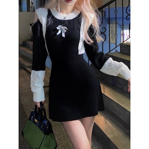 【予約】front ribbon off-shoulder knit one-piece dress