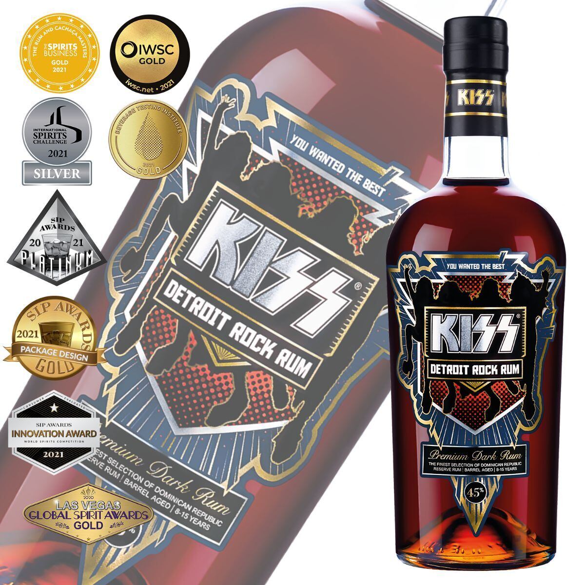 キッス デトロイト・ロック・ラム 700ml 45度 KISS プレミアム ダークラム 金賞受賞 ドミニカ産 高級 ラム 樽熟成 スピリッツ ギフト