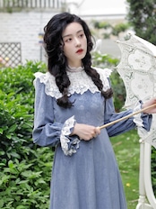 【0110】Blue Flower Lace Frill Long Sleeve Dress