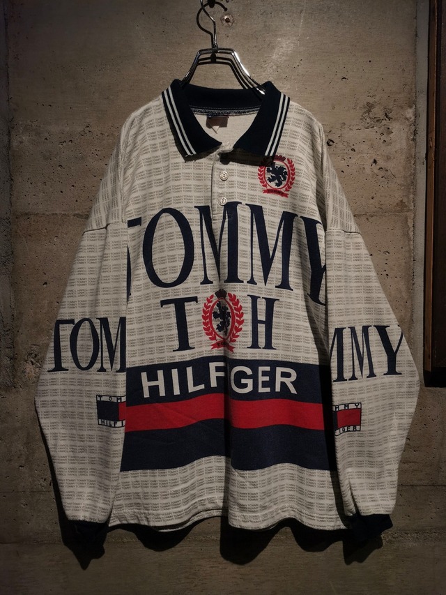 【Caka】"Bootleg" "Tommy Hilfiger" 90's Multi Logo Print Design Loose Sweat Polo Shirt