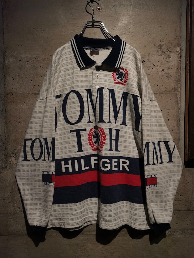 【Caka】"Bootleg" "Tommy Hilfiger" 90's Multi Logo Print Design Loose Sweat Polo Shirt