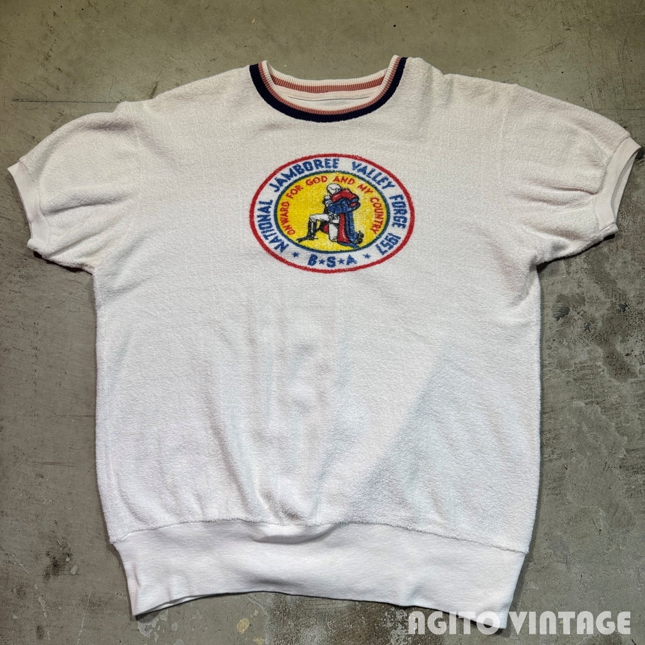 50's BOY SCOUT OF AMERICA NATIONAL JAMBOREE VALLEY FORGE 1957 S/S パイルスウェットシャツ Terry Cloth リブライン BSA M~L相当 希少 ヴィンテージ BA-2976 RM3397H