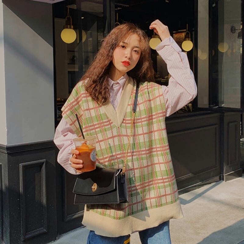 格子柄ニットスプリングオータムノースリーブセーター レッド 春物 秋物 試着室21096414729