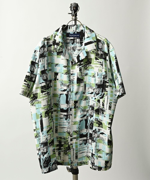 many men many mind Geometric print open collar shirt (BLU) M2415044