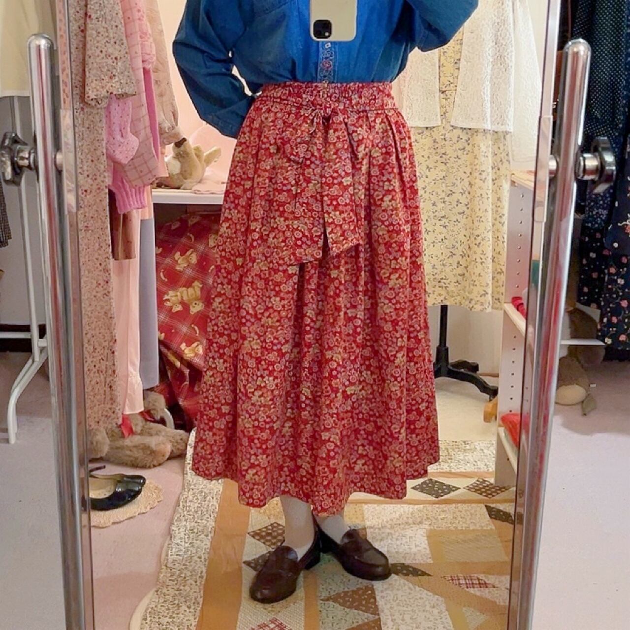 red flower waist ribbon skirt