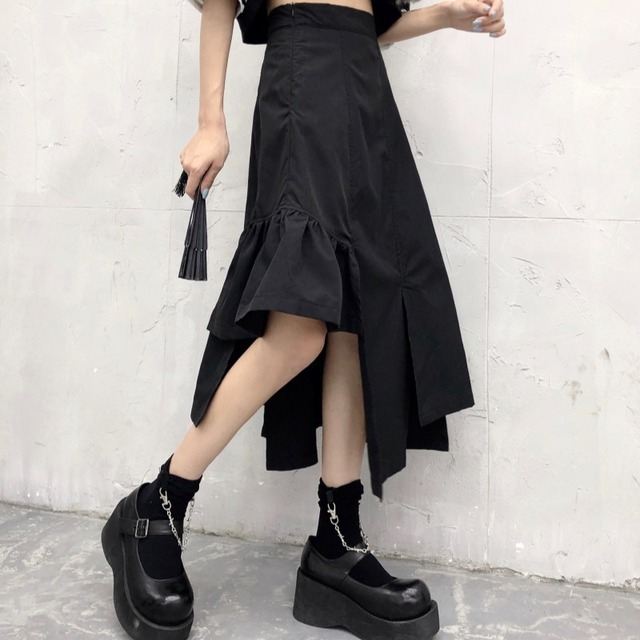 不規則デザイン スカート アシンメトリー ハイウエスト 韓国ファッション レディース アシメ ブラック 変形 レトロ 大人可愛い ガーリー 暗黒系 / Irregular slit A-line skirt tide (DTC-622729931082)