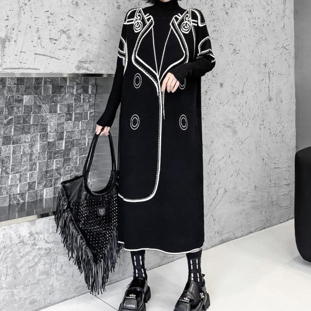 ジャケットプリントロングニット　D0344