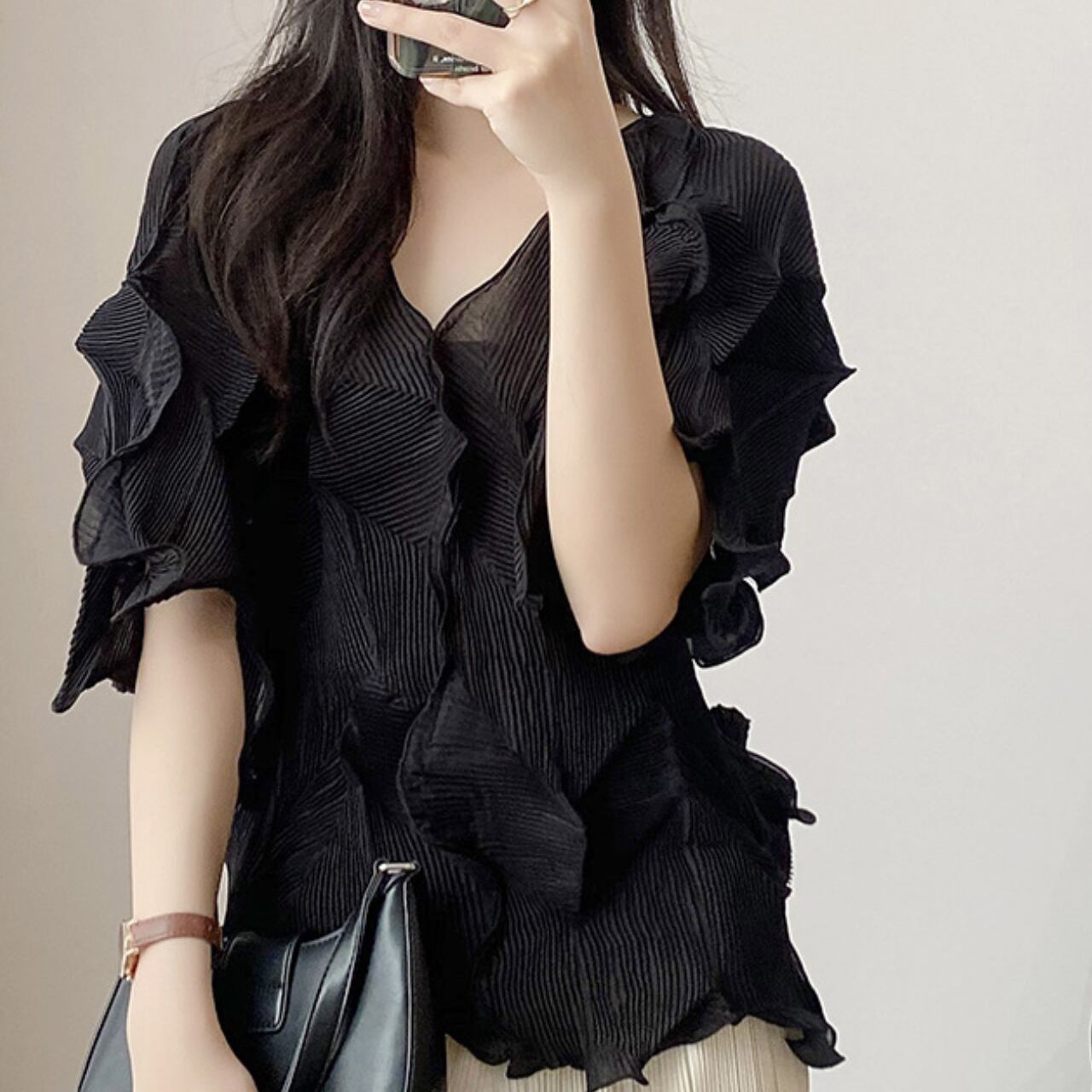 3D プリーツ シースルー フリルシャツ-ブラック
