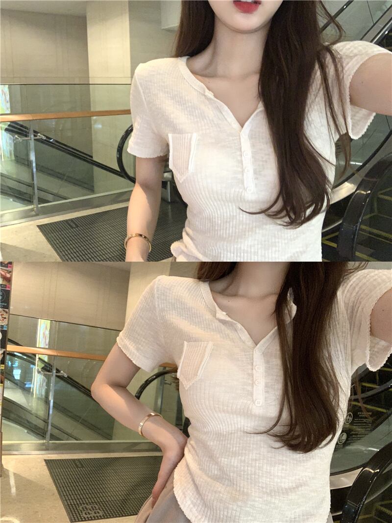 サマーVネック薄手スリムTシャツ ソリッド カラートップス 大人ガーリー スウィート キュート カジュアル 夏物 ソリッドカラー 1号婦人24459441946