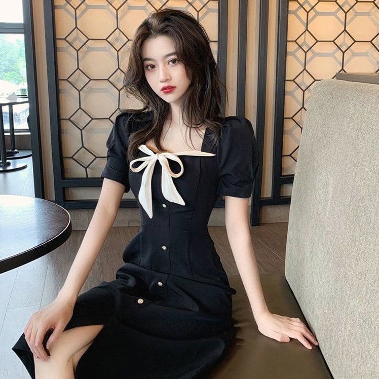 【新作】【送料無料】 2022新しい夏のスタイルフレンチレトロレースアップボウタイウエスト痩身と年齢を軽減キキョウの高貴な気質のドレス 0288596686794