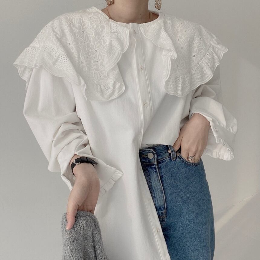 トップス レディース シャツ ブラウス ネルシャツ パンチングレース ドールカラー ラージカラー ホワイト ワンサイズ レース襟 ビックカラー セーラーカラー 長袖 襟付き かわいい 大人可愛い シンプル カジュアル 大人 おしゃれ お洒落 かっこいい レトロ 大人可愛い ガーリー リラックス ナチュラル こなれ感 ラフ ゆったり ゆる 春 秋 冬 10代 20代 30代 通勤 OL 通学 ママ デート お出かけ 女子会 休日 旅行 着回し 普段使い 重ね着 韓国系 送料無料