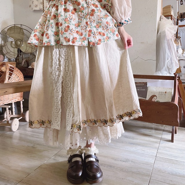 レースステッチスリット二層刺繍スカート W1067