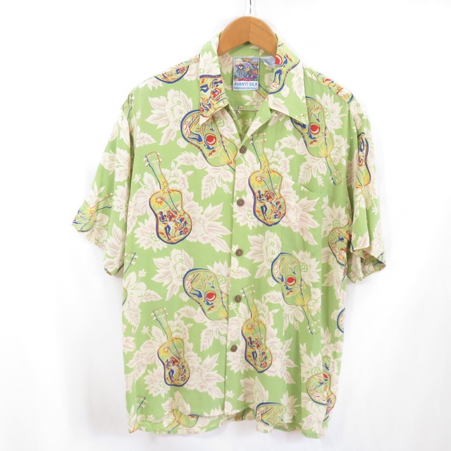 AVANTI ウクレレ柄 シルク アロハ ハワイアンシャツ sizeM/アヴァンティ　1002
