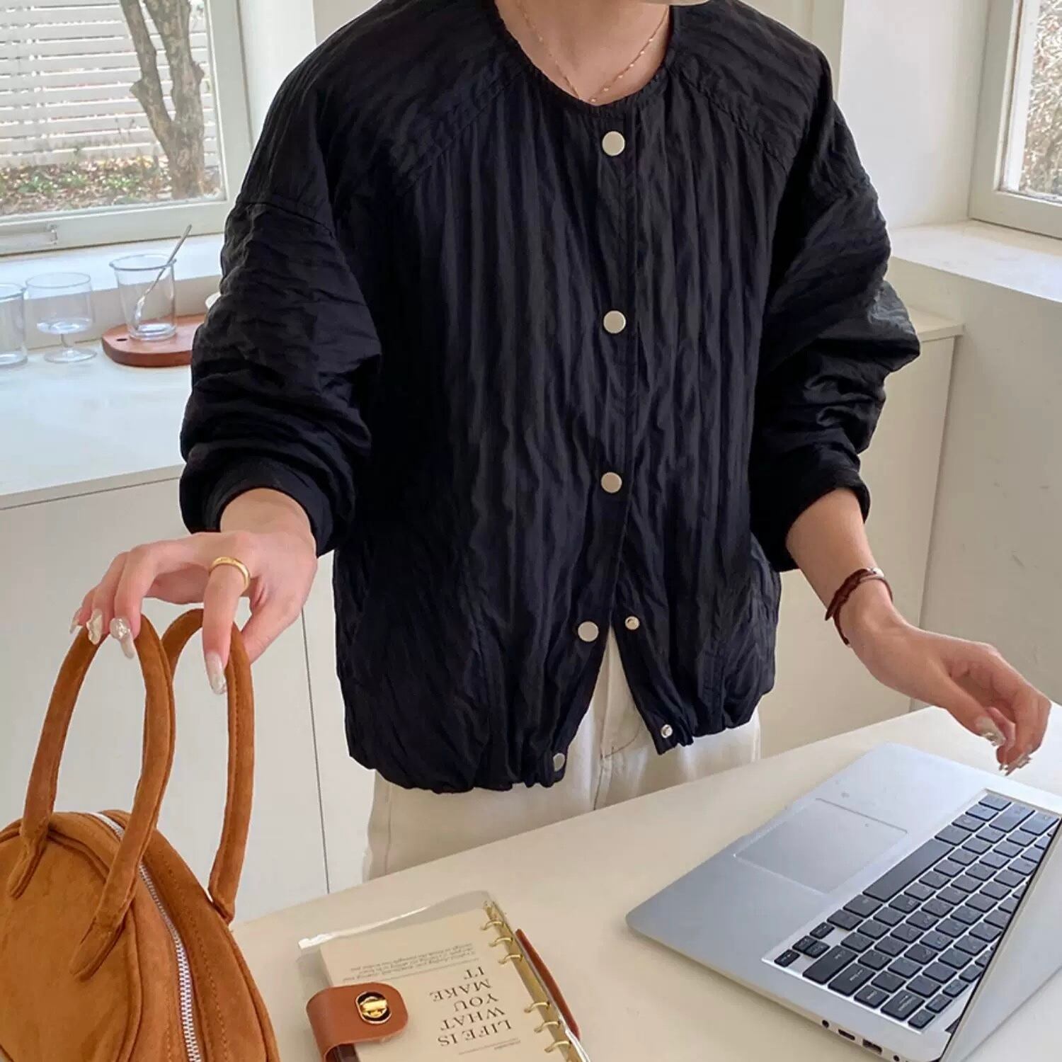 ボタンフロント ヒップ丈 ノーカラージャケット◆2col YH9680