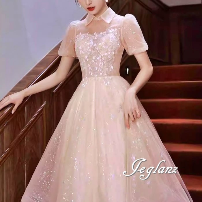 パーティ ドレス 襟付き 編み上げ ラメ ロング/イブニング(M8280)ζ