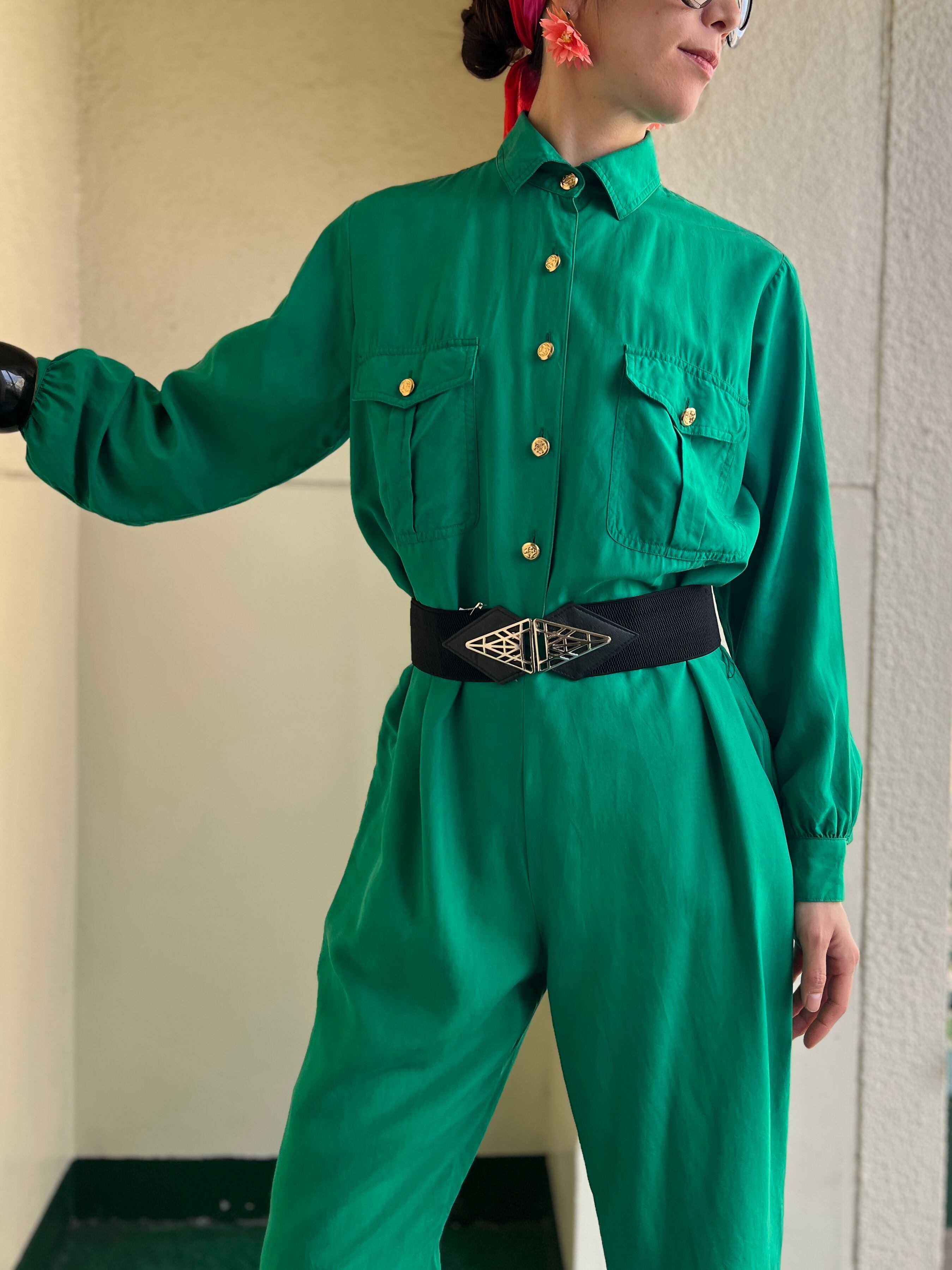 80s green silk simple jumpsuits ( ヴィンテージ グリーン シンプル