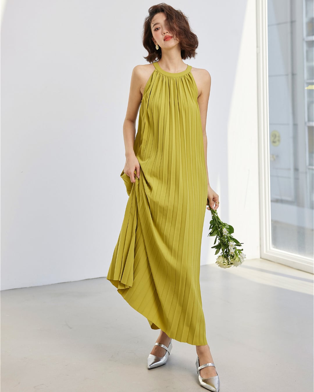 プリーツロングワンピース S25372