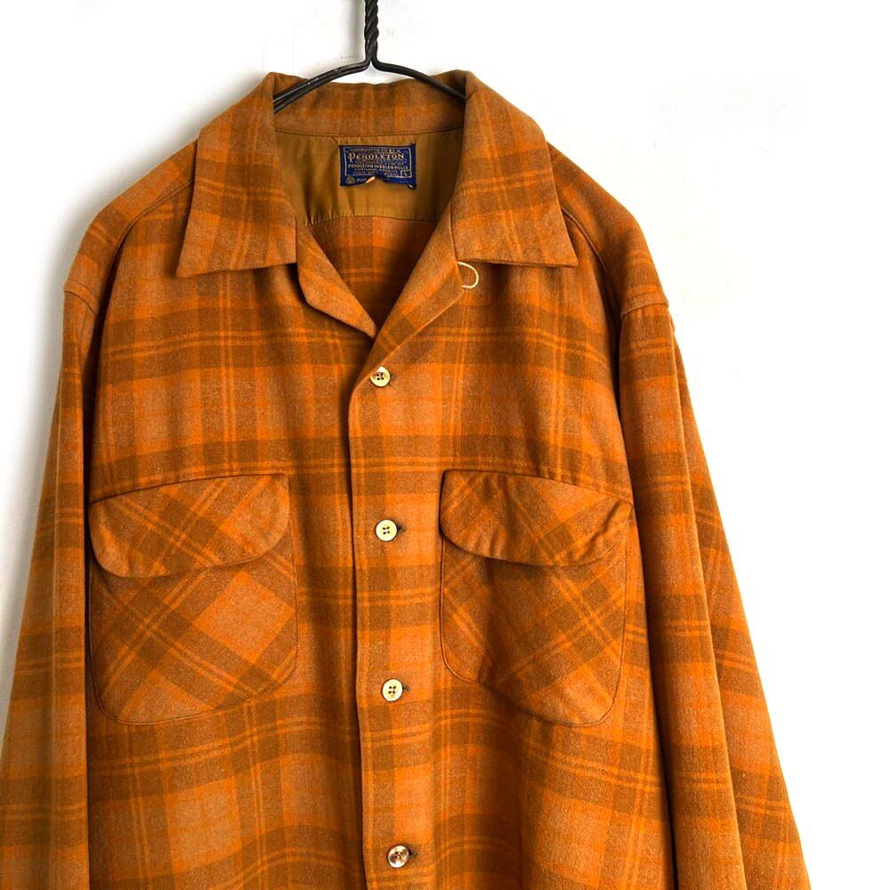 トップス 60s Pendleton open collar cheak shirt 60s PENDLETON Open Collar Wool Check Shirt, Made in USA, Size S