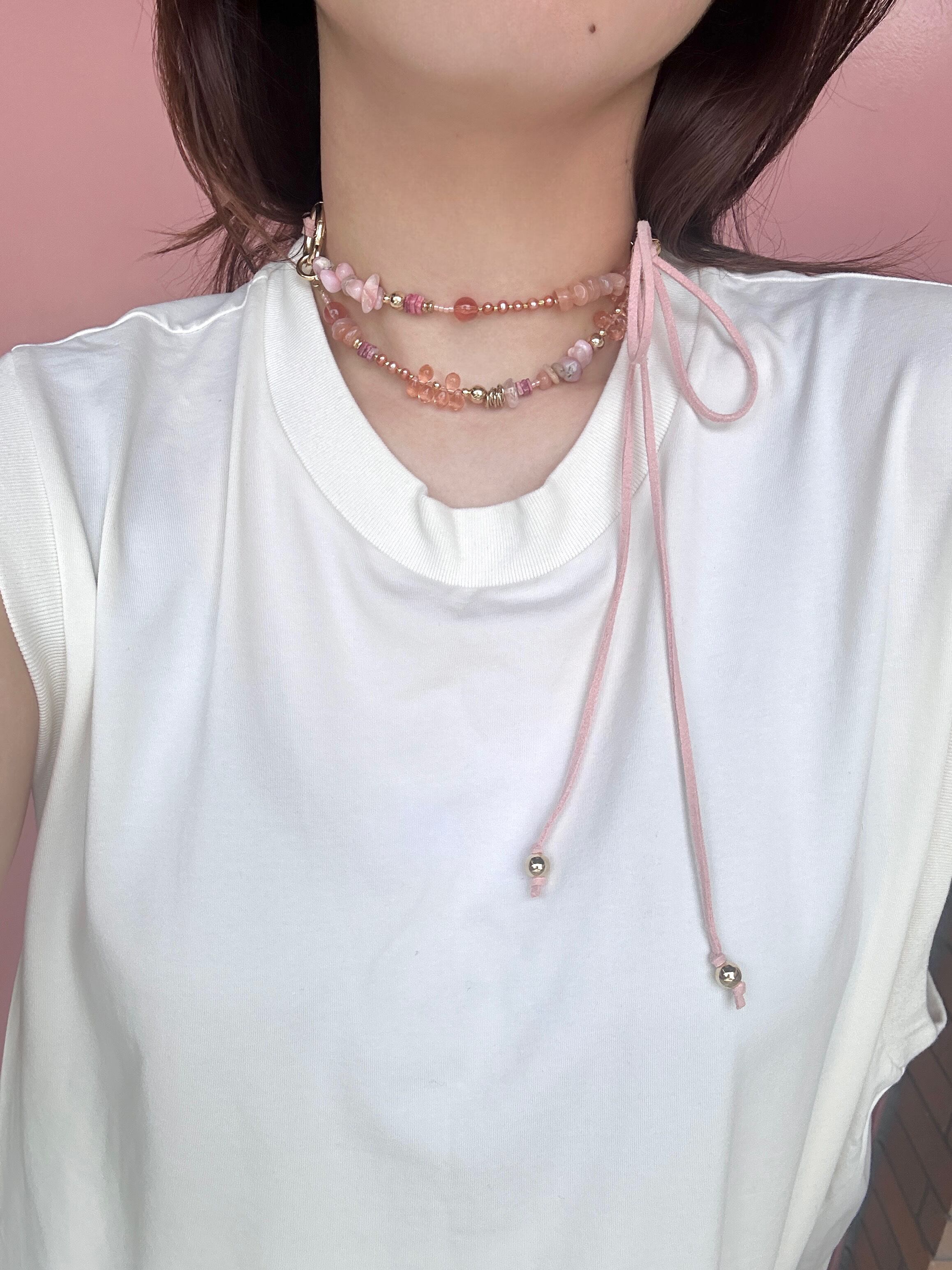 maison howl ハンドメイド ネックレス　チョーカー　キキララ ピンク Rose quartz heart charm leather choker. | maison HOWL