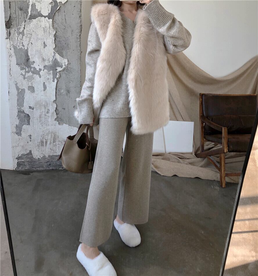 オールマッチイミテーションファーチョッキジャケット2020秋冬の新しいアウターウェアベストベストの女性用Vネックチョッキルーズバージョン ブラックストロベリース15397415563