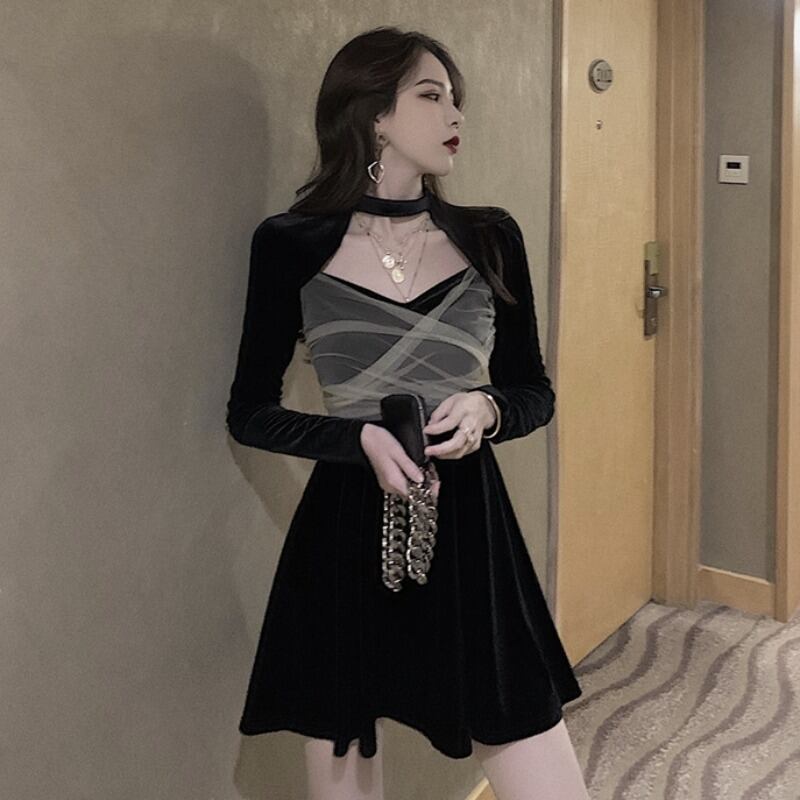 2020年春のシックな新しいファッションベルベットドレスフェミニンなVネックホルターメッシュステッチブラックドレス YY-ファッション16891810986