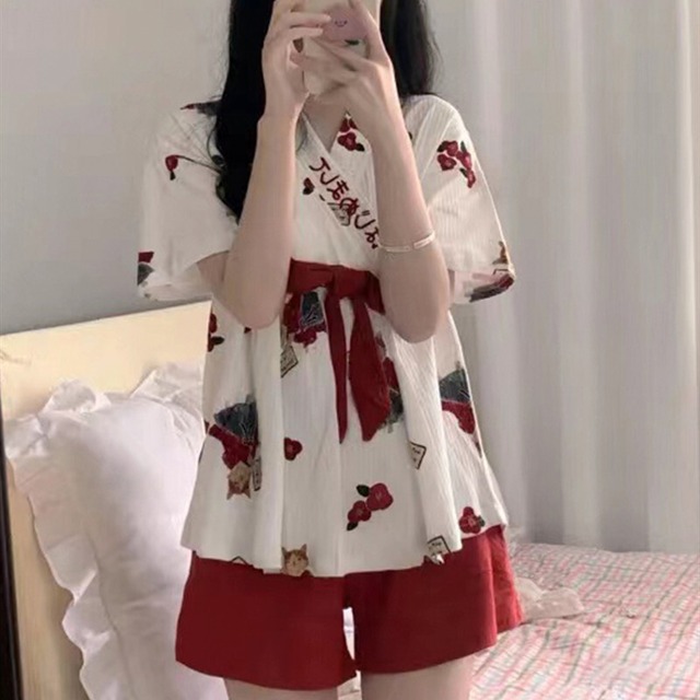 ins風 かわいい プリント 猫 着物 リボン 少女 春夏 ルームウェア 半袖セット・パジャマ