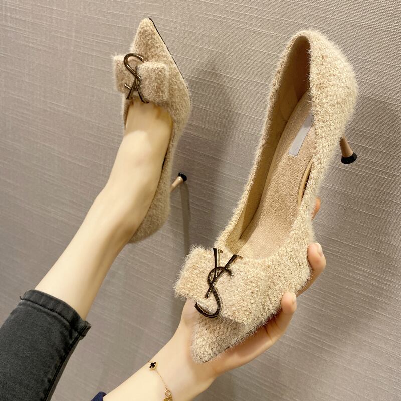 ヒールの女性の尖った薄いかかと2019秋と冬の新しい黒のエチケット女性の靴プロネット赤セクシーなハイヒールの靴 部族の婦人靴7687491